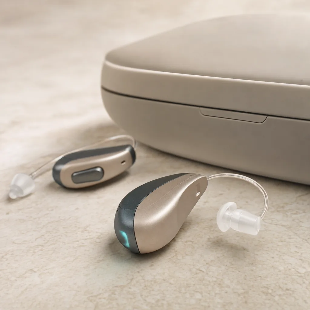 A close macro photograph of a pair of behind the ear hearing aids with clear tubes and soft domes, resting beside their charging case.