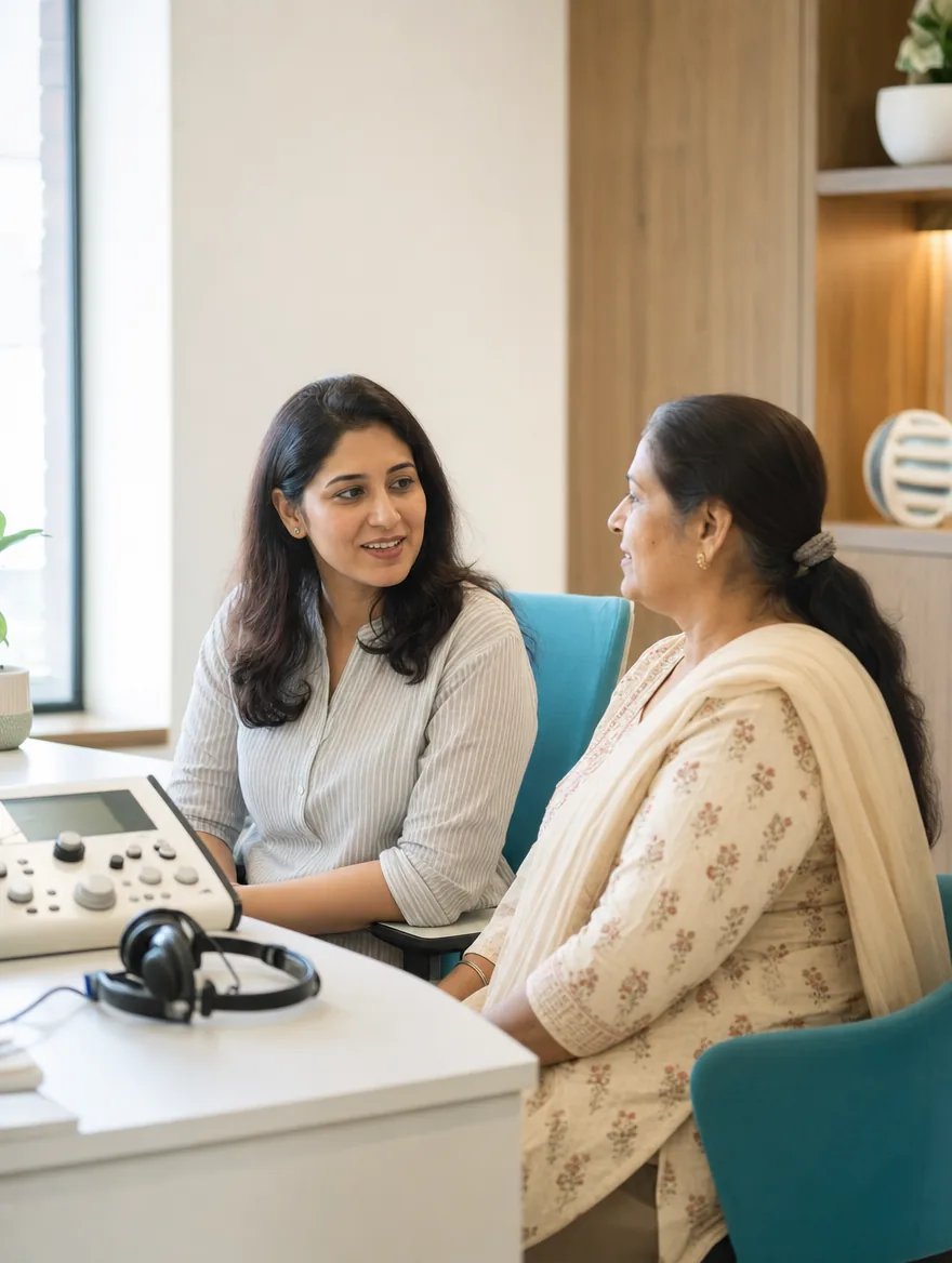 An audiologist sits talking with an older woman at a clinic desk, an audiometer and headphones on the desk between them.