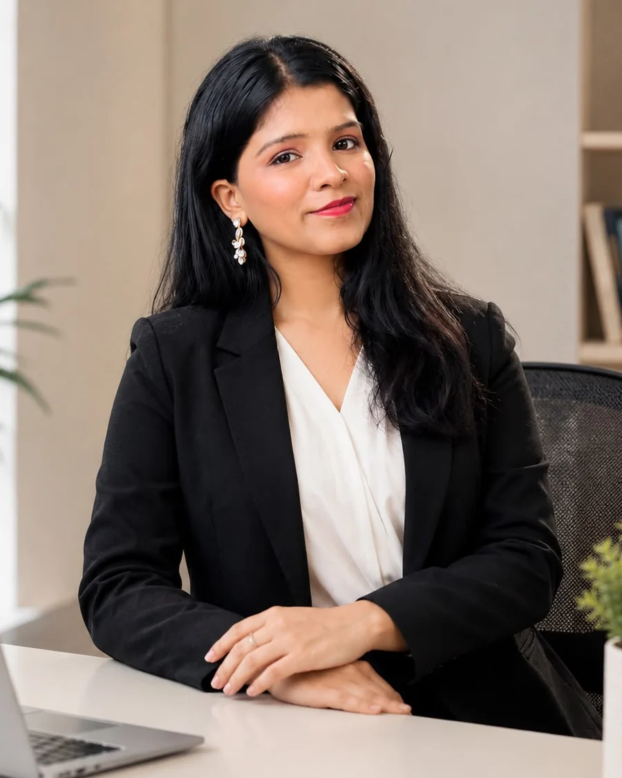 Ms. Sejal Mahajan, photographed at her desk in a dark blazer, facing the camera.